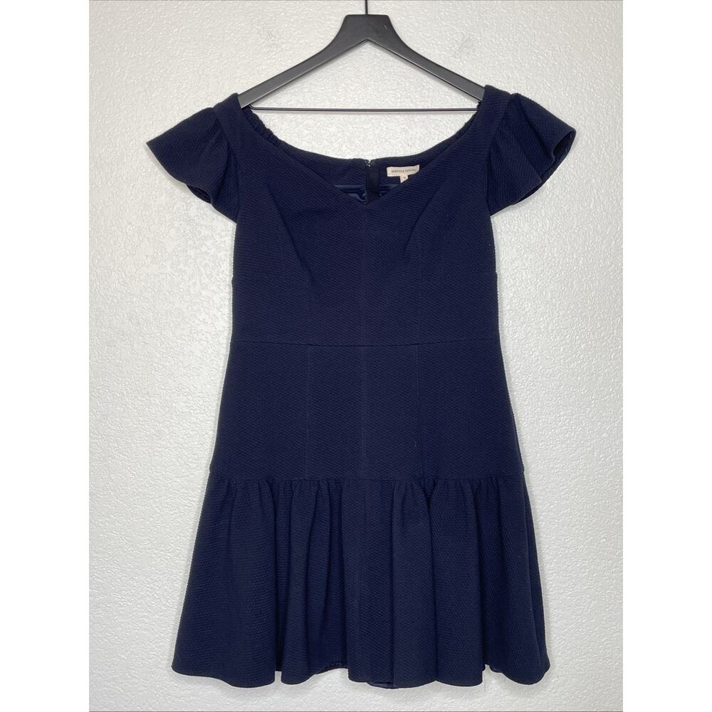 Rebecca Taylor Textured Off the Shoulder Mini Dress Navy Ruffle SIZE 12